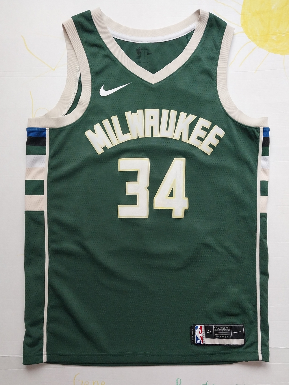 Nike Milwaukee Green Basketball Jersey with White and Cream Trim - #34 Size M